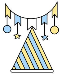 Cute pastel party decoration with hanging flags, stars, and shapes in yellow, blue, and white tones  perfect for celebrations, birthdays, and festive events.