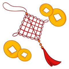 Chinese red knot with gold coins symbolizing unity, luck, and fortune for Lunar New Year.