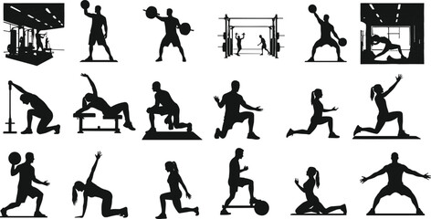 fitness, workout, exercise, gym, training, silhouette, athlete, stretching, weightlifting, squats, lunges, cardio, movement, dynamic, posture
