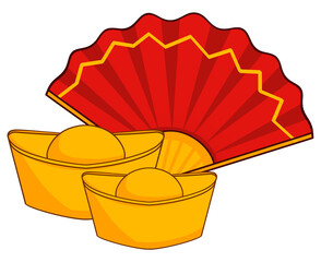 Red folding fan with gold ingots symbolizing fortune, prosperity, and elegance in Chinese New Year.