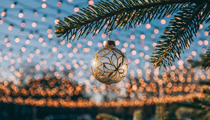 Elegant Golden Pattern Christmas Ornament Hanging on Fir Tree Branch Decoration