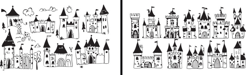 Fototapeta premium Castle Illustration Drawing, Medieval Palace Art, Hand Drawn Castle Vector, Historic Architecture Design, Ancient Building Sketch, Fairytale Palace Illustration, Black and White Castle Art, Decorative