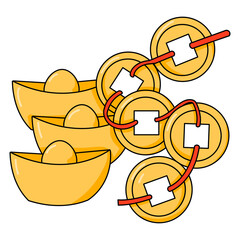 Chinese gold ingots and coins represent wealth, prosperity, and fortune during Lunar New Year.