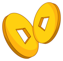 Two traditional Chinese gold coins symbolizing wealth, fortune, and success during Lunar New Year.