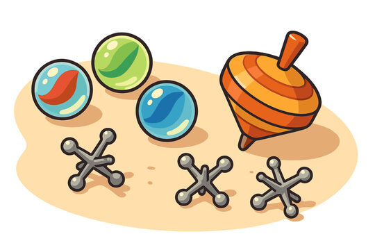 Classic retro toys featuring colorful glass marbles, metal jacks, and a striped spinning top