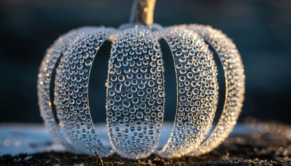 Close-up Macro of a Dew Covered Ornamental Pumpkin Decoration Detail