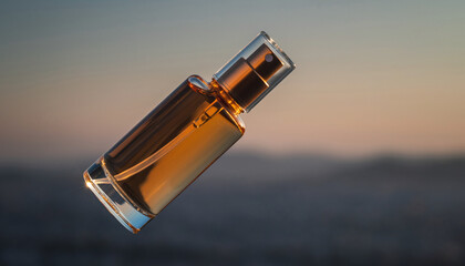 Elegant Close-up Glass Perfume Bottle with Golden Liquid and Sunset Hues
