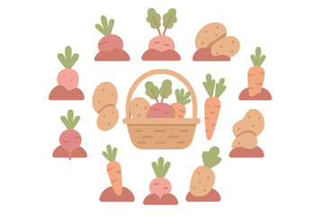 Freshly harvested root vegetables and potatoes displayed around a full wicker basket