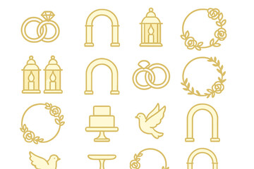 Golden symbols of rings and arches for wedding ceremony and celebration events