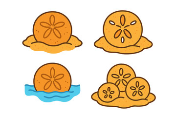 Fototapeta premium Colorful stylized sand dollar collection resting on beach sand and partially submerged in blue ocean water