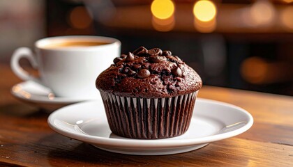 A close-up shot of a rich chocolate muffin with chocolate chips on top, served on a white plate next to a white cup of coffee.