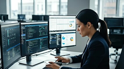 A focused businesswoman analyzing data on multiple screens. - Powered by Adobe