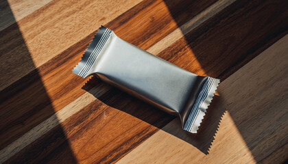 Eye-Level Metallic and Glossy Candy Bar Packaging on Wooden Surface Close-Up