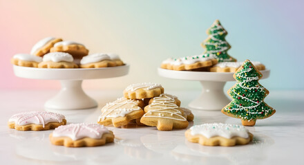 Festive Cookie Delight: An assortment of delectable cookies, including charming Christmas tree shapes, sit invitingly on elegant stands, offering a sweet taste of holiday joy.