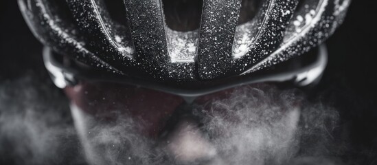 Close-up of a cyclist wearing a helmet and sunglasses with water droplets.