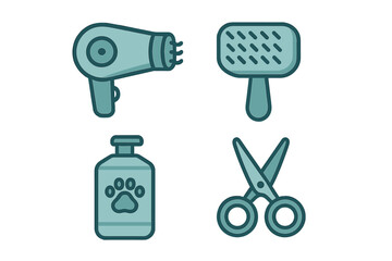 Essential pet grooming tools collection including hairdryer brush shampoo and scissors