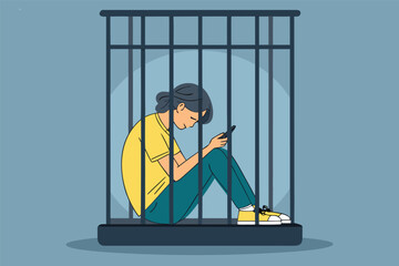 A lonely individual imprisoned within a stark smartphone cage, slumped in despair, a symbol of digital entrapment.