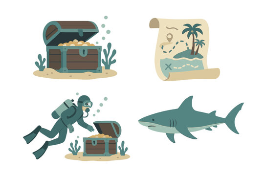 Fototapeta Pirate and underwater adventure icons featuring treasure chests, map, scuba diver, and shark