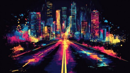 Fototapeta premium Colorful city night road, vibrant cityscape, future, artwork, digital painting, website banner