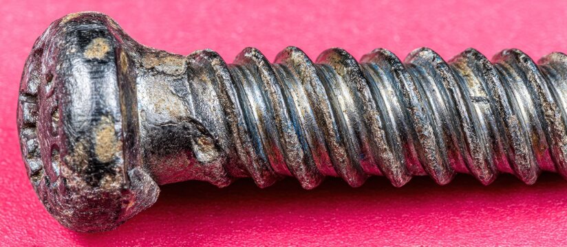 Close-up of a damaged metal screw with visible threads and a worn head.