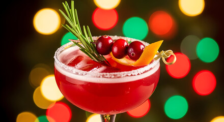 Festive Cocktail: A vibrant, artfully crafted cocktail, garnished with cranberries, rosemary, and orange peel, beckons with its inviting colors and festive charm. A holiday drink.