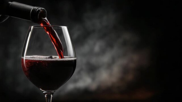 Dark Red Wine Poured From A Bottle Into A Clear Glass With Smoke In The Background