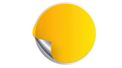 Blank yellow round sticker with curled silver corner showing clean surface for labels and tags isolated on white background
