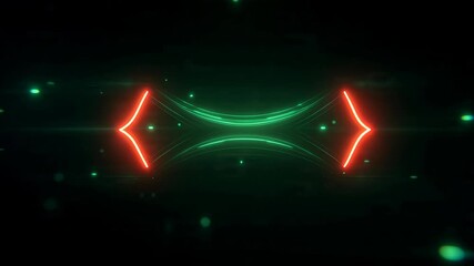 Futuristic abstract symmetrical neon light tunnel with glowing green energy and vibrant red arrow shapes on a dark background.