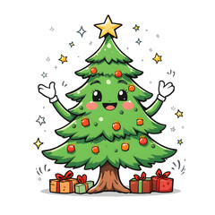 Naklejka premium Cute Cartoon Christmas Tree Character Waving with Gifts and Star Topper