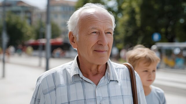 Elderly man and young boy walking together outdoors in sunlight - Powered by Adobe