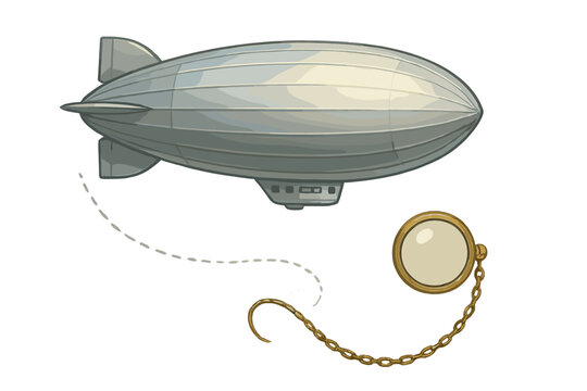 Detailed vintage airship blimp floating above a golden monocle with chain accessory