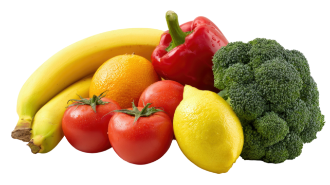 Fresh mixed fruits and vegetables including bananas tomatoes lemon orange pepper and broccoli arranged together isolated on white background