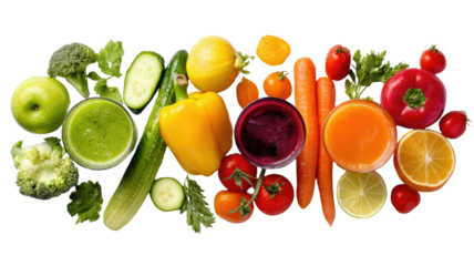 Colorful fresh fruits vegetables and mixed juices arranged in vibrant assortment with bright natural textures isolated on white background