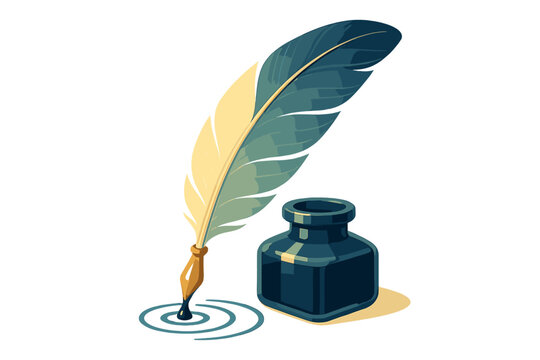 Classic writing instrument featuring a large feather quill dipping into a dark inkwell