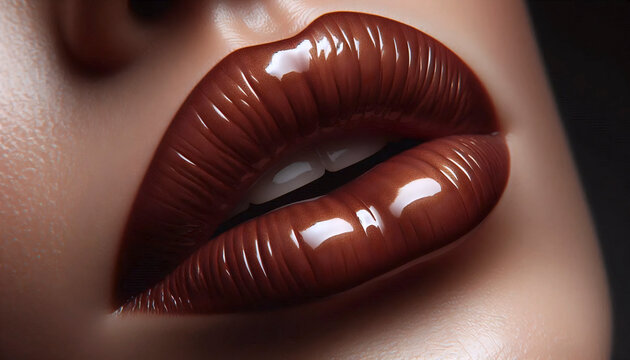 A glossy brown lipstick application, Ai generated image
