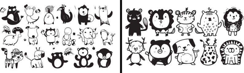 animal silhouette doodle, wildlife vector sketch, forest animals art, cute animal cartoon, funny creature illustration, black white line art, kids wildlife drawing, woodland animal design, creative na