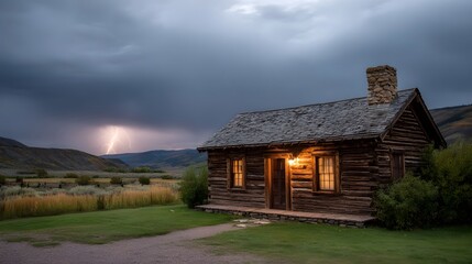 Rustic log cabin illuminated at dusk with a dramatic lightning storm in the distant mountains