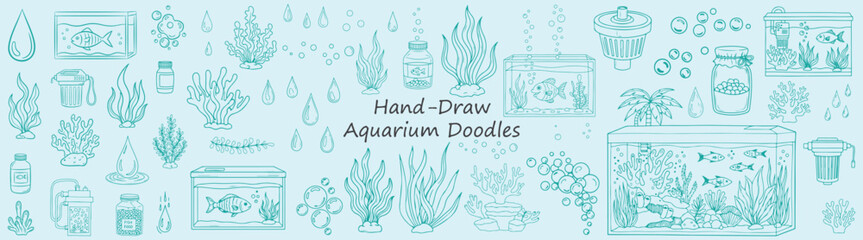 Serene Hand Drawn Aquarium Doodles Fish Bubbles Plants and Accessories in a Delightful Aquatic Blue Perfect for Creative