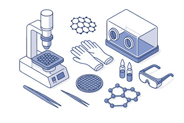 Isometric set of scientific research tools, laboratory equipment, safety gear, and chemical elements