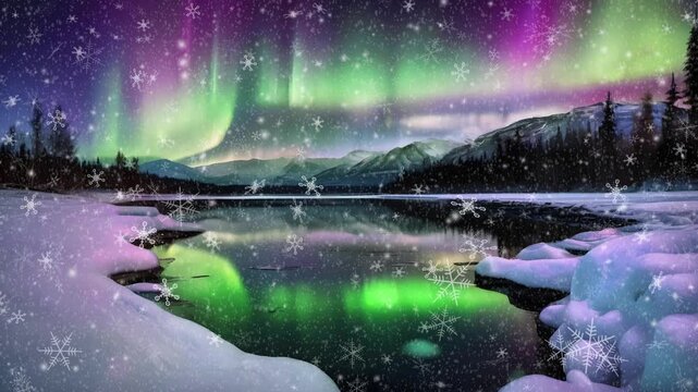 Falling winter snow scene with beautiful aurora background