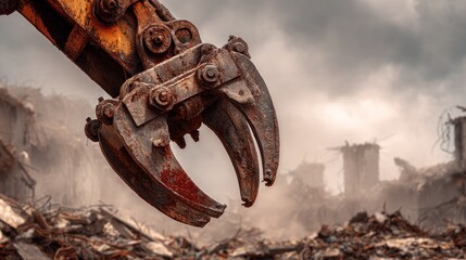 Rusty excavator grapple demolition site