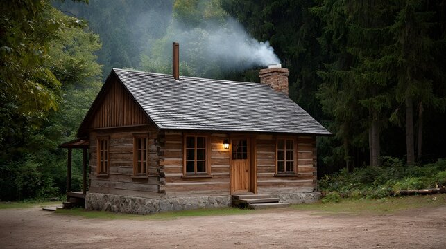 A cozy rustic log cabin nestled in a dense forest with smoke gently rising from its chimney suggesting warmth within