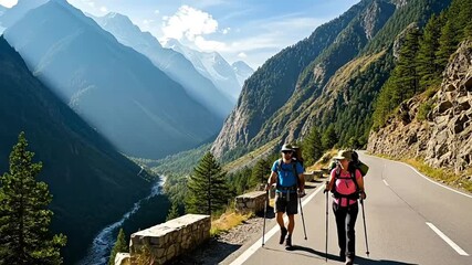Two hikers enjoy a scenic mountain trail under a clear blue sky.