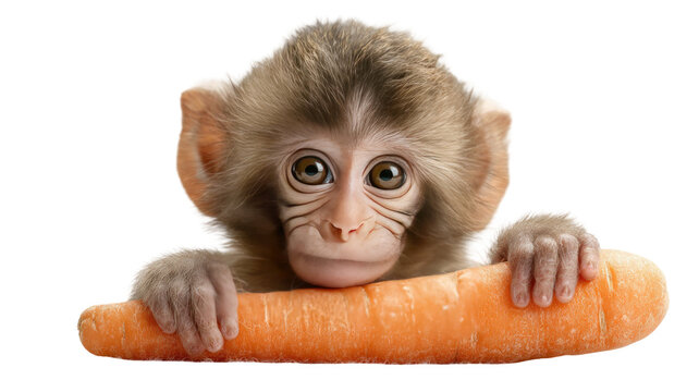 Cute baby monkey holding a large carrot with expressive eyes and soft fur in an adorable close-up isolated on white background