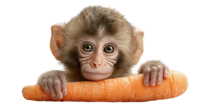 Cute baby monkey holding a large carrot with expressive eyes and soft fur in an adorable close-up isolated on white background