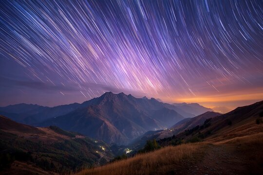 Stunning Meteor Shower Over the Mountains at Twilight With Vibrant Star Trails Generative AI