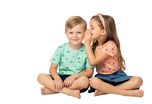 Playful kids sitting cross legged as a girl leans in to whisper a secret to her smiling friend, useful for parenting content about sibling bonding and communication skills in preschool projects