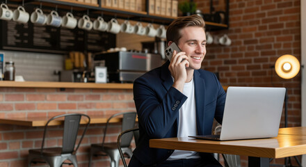 Remote office worker in coffee shop talks on call while using laptop, looking engaged as he finalizes deals with partners plus handles flexible workspace tasks for freelancers and small firms