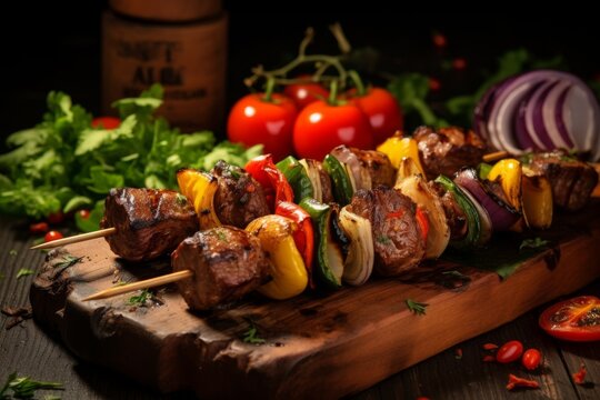 Delicious grilled skewers of meat and colorful vegetables on a rustic wooden board garnished with fresh herbs and spices