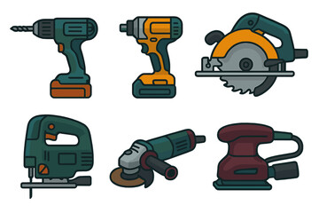 Fototapeta premium Collection of six essential electric power tools for construction and home improvement
